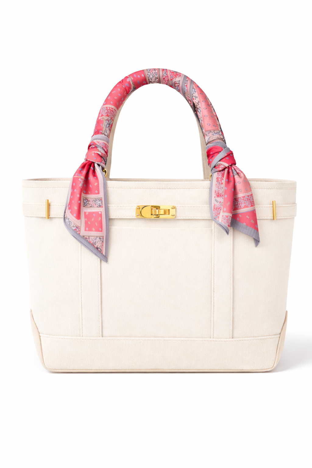 Natural boatkin tote bag with a pink and gray patterned banana scarf on a white background
