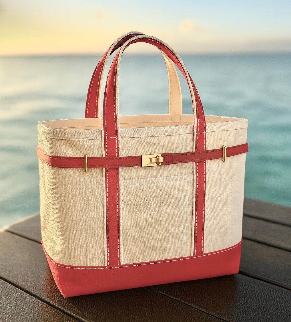 Beige and red boat tote bag boatkin custom hardware