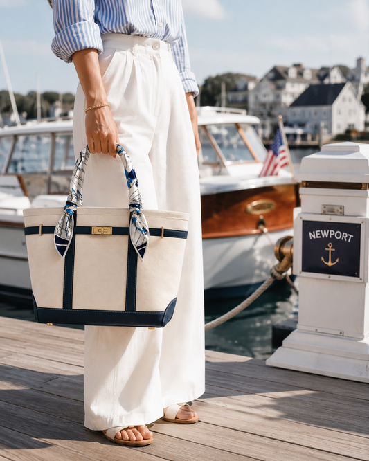 A person standing on a wooden dock by the water holding a large cream canvas boatkin tote bag with navy trim and patterned blue-and-white scarf handles. Boats, water, and a nautical sign are visible in the background.