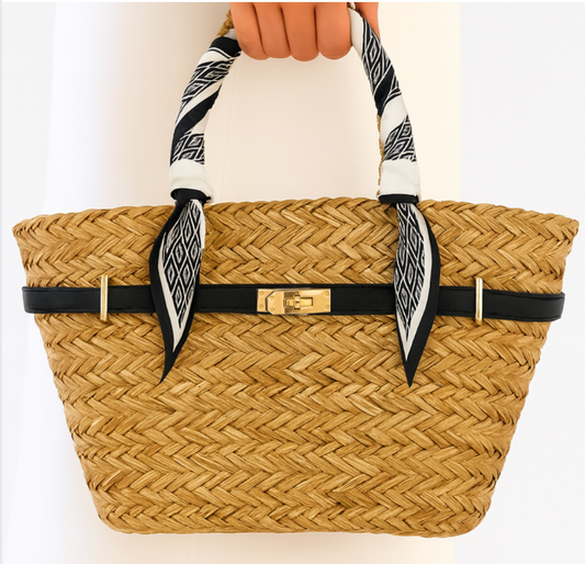 The French Straw Twilly Boatkin Tote - Black