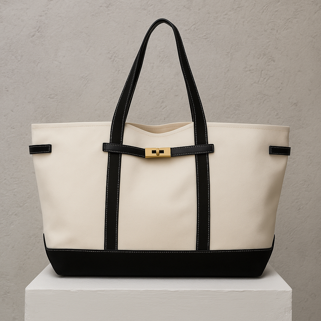 Black & Beige Lux Boat Tote