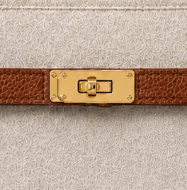 A structured tote bag in light beige felt with a brown leather strap and gold-tone hardware, held by a person wearing a white dress against a clean white background.