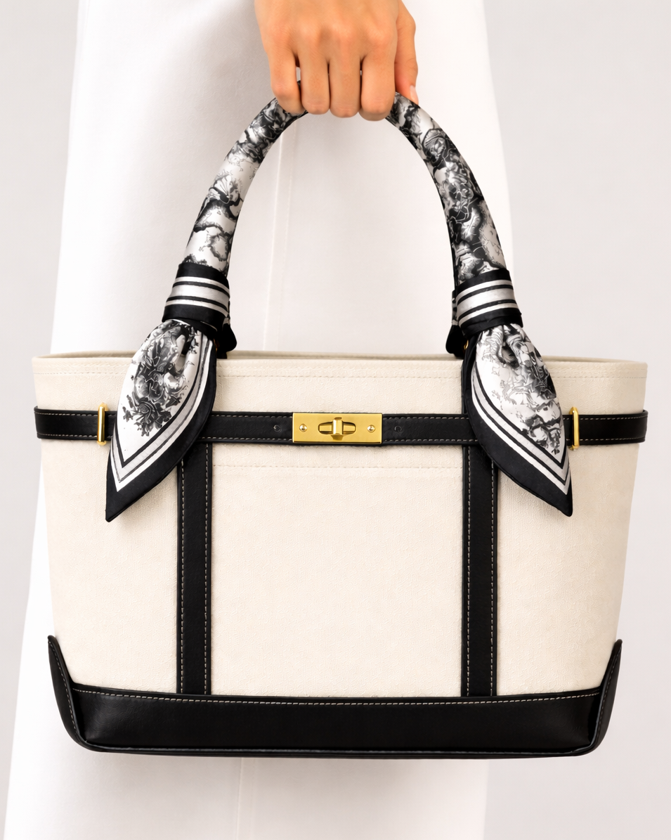 White tote bag with black accents and decorative handle wrap on a white background