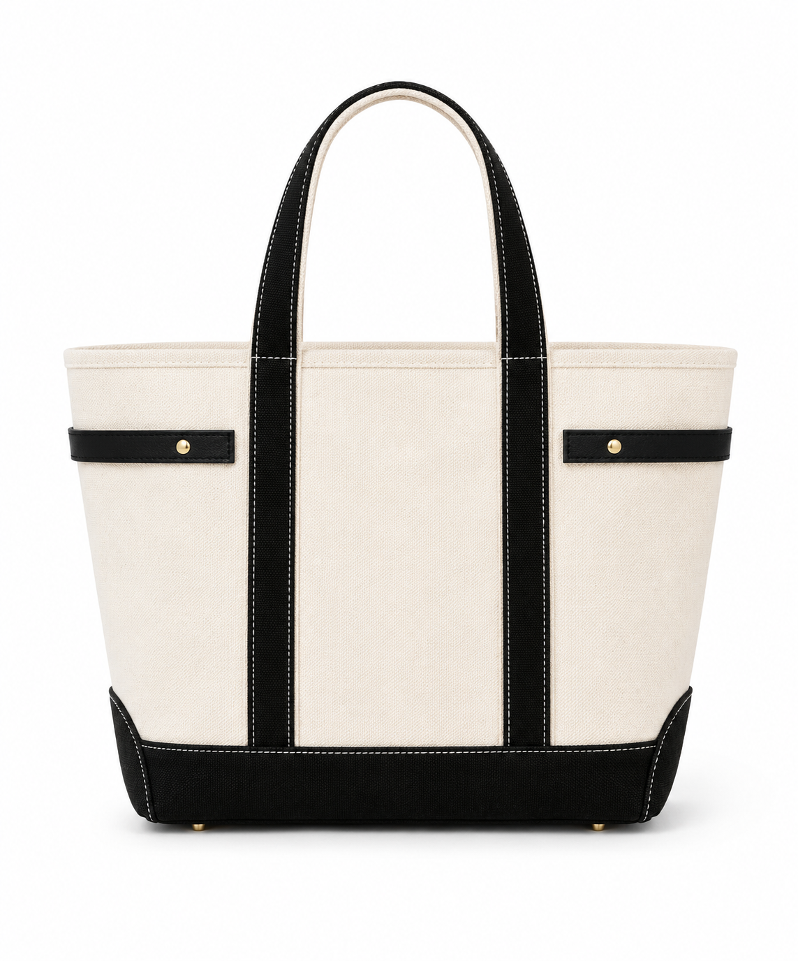 An off-white canvas tote bag with black faux-leather trim, double shoulder straps, and gold-tone hardware, shown against a plain white background. Boat Tote Boatkin bag handbag 