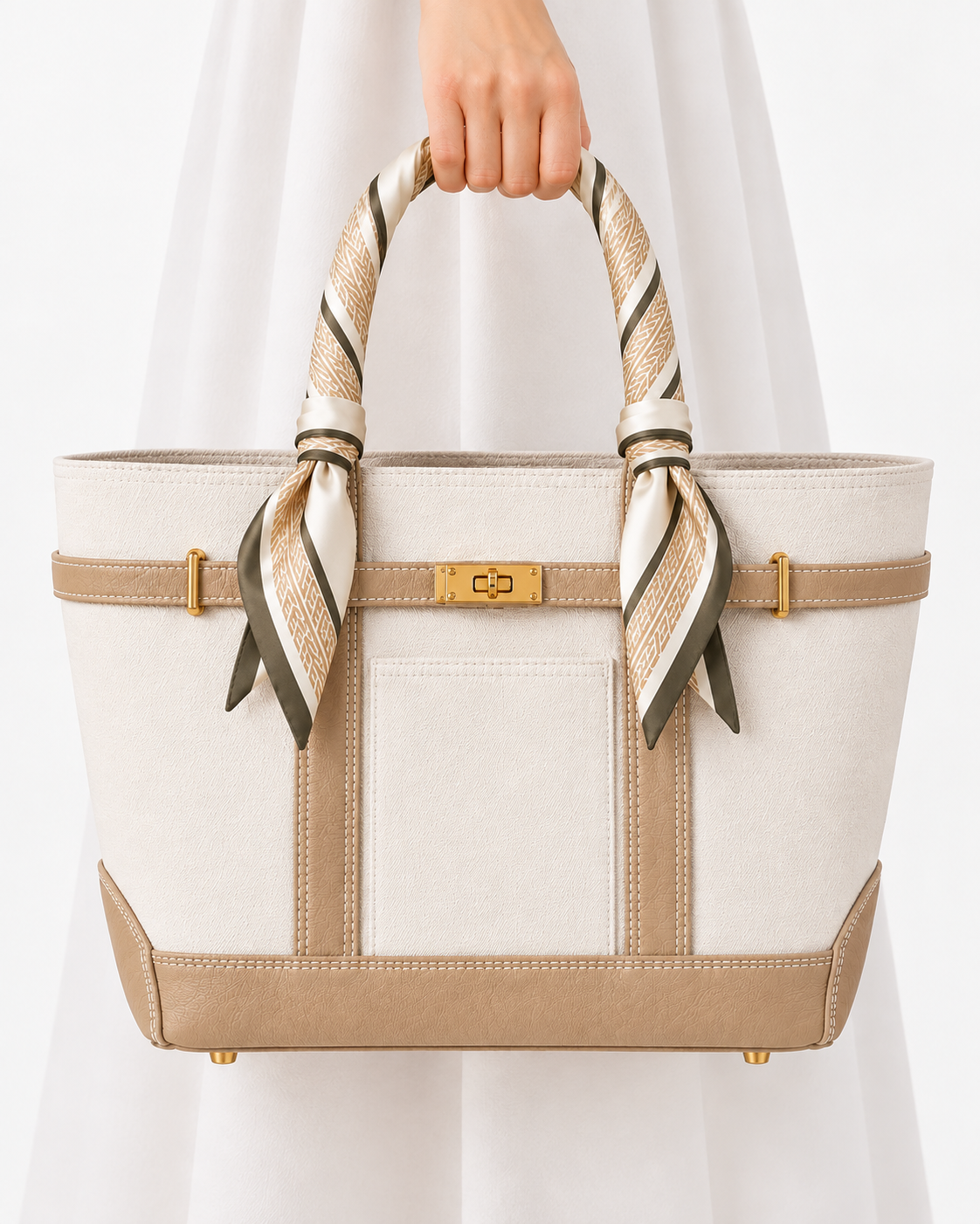 A structured tote bag in cream and beige with a striped silk scarf handle, held by a person wearing a white dress against a clean white background. Boat Tote Boatkin bag handbag 