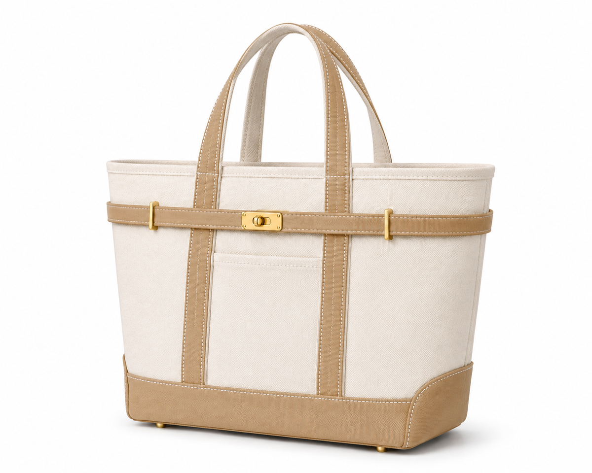 A structured canvas tote bag in off-white and tan with gold-tone hardware, featuring dual top handles, a front pocket, and a horizontal strap across the middle.