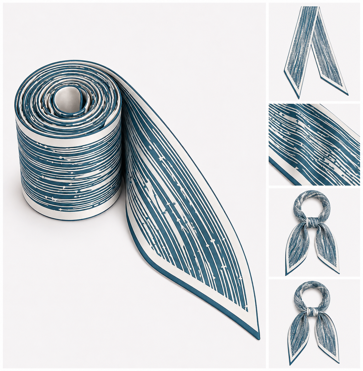 A rolled and draped scarf with a blue and white abstract line pattern, shown on a clean white background with four small detail panels on the right displaying the fabric texture, pointed ends, and tied bow styles.