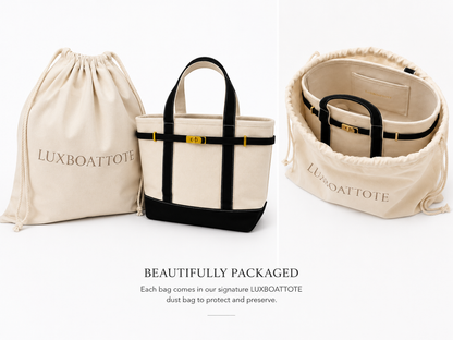 A cream canvas tote bag with black trim and handles is shown alongside a matching cream dust bag printed with the brand name LUXBOATO TOTE. A second view on the right shows the tote bag neatly inside the dust bag.