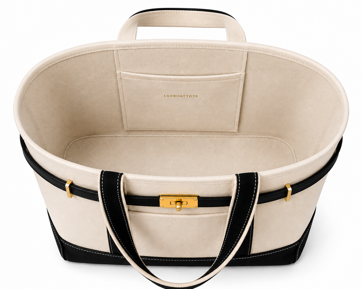 An oval-shaped cream canvas organizer tote bag with black trim, double top handles, and a gold-tone front clasp, shown from a top-down view on a white background.