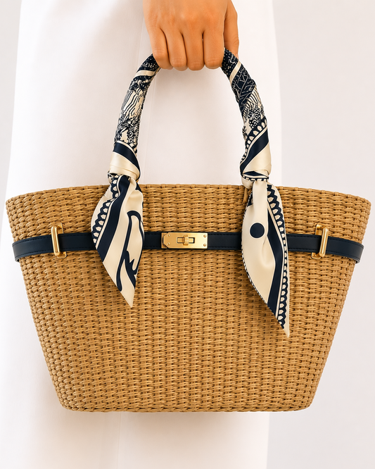 Woven straw handbag with decorative straps on a white background nantucket navy boatkin boat tote 