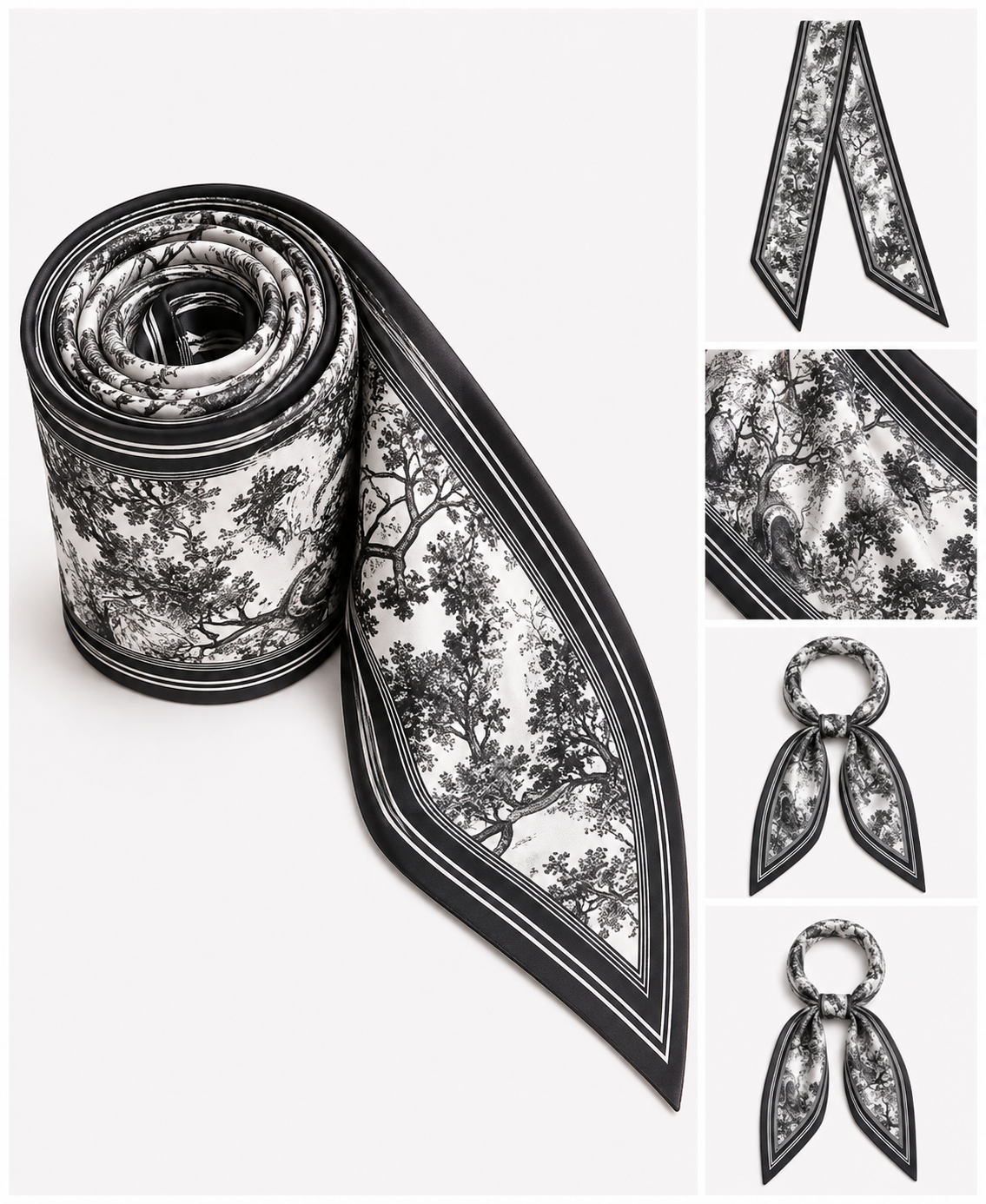 A black and white patterned silk scarf with a classic toile print, shown rolled up with one end unrolled, alongside three detail insets showing the pattern, edges, and a ring detail.