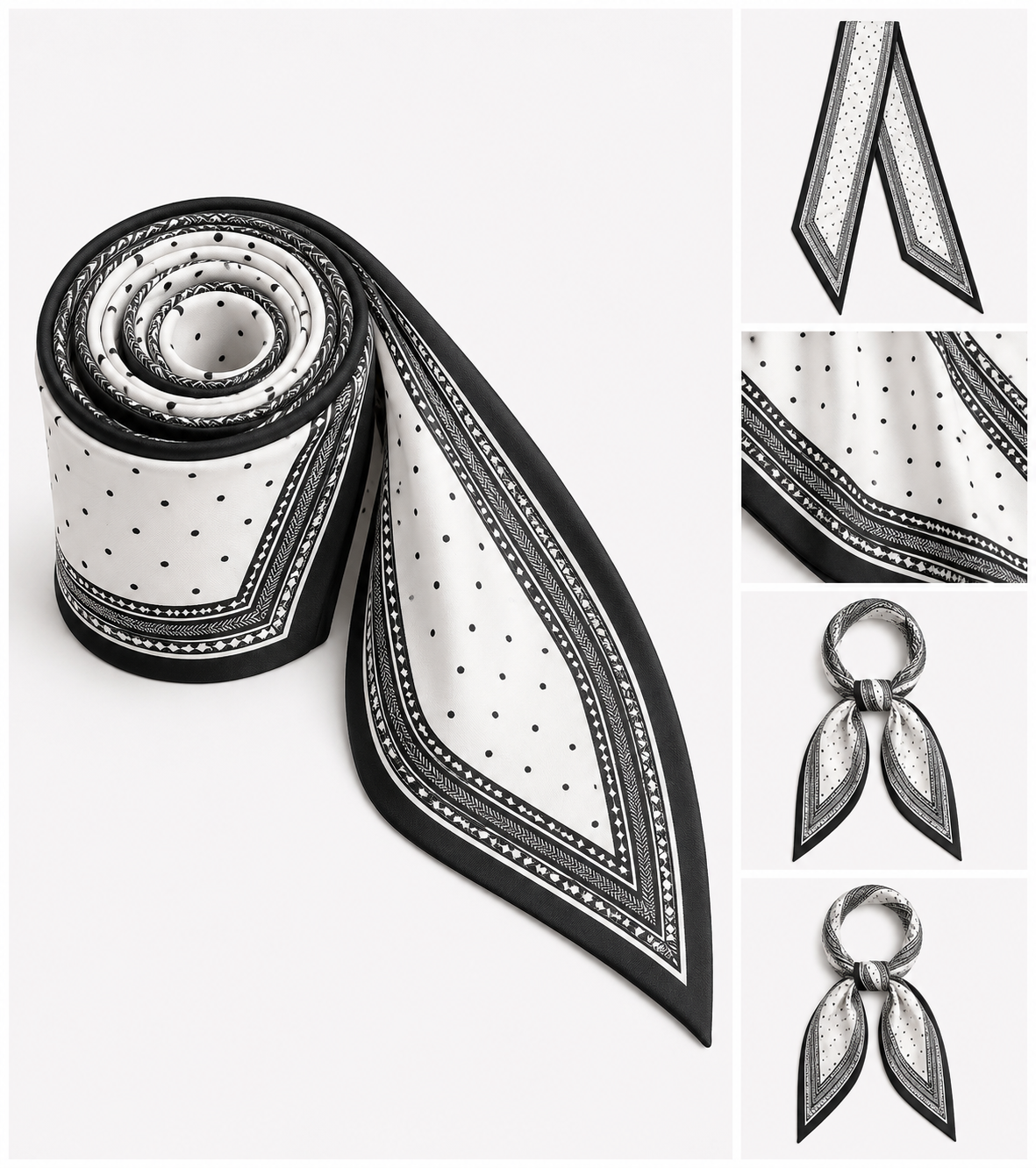 A black and white patterned silk scarf shown rolled and flat, with three inset detail views on the right showing the pointed tip, fabric texture, and bow-style loop detail.