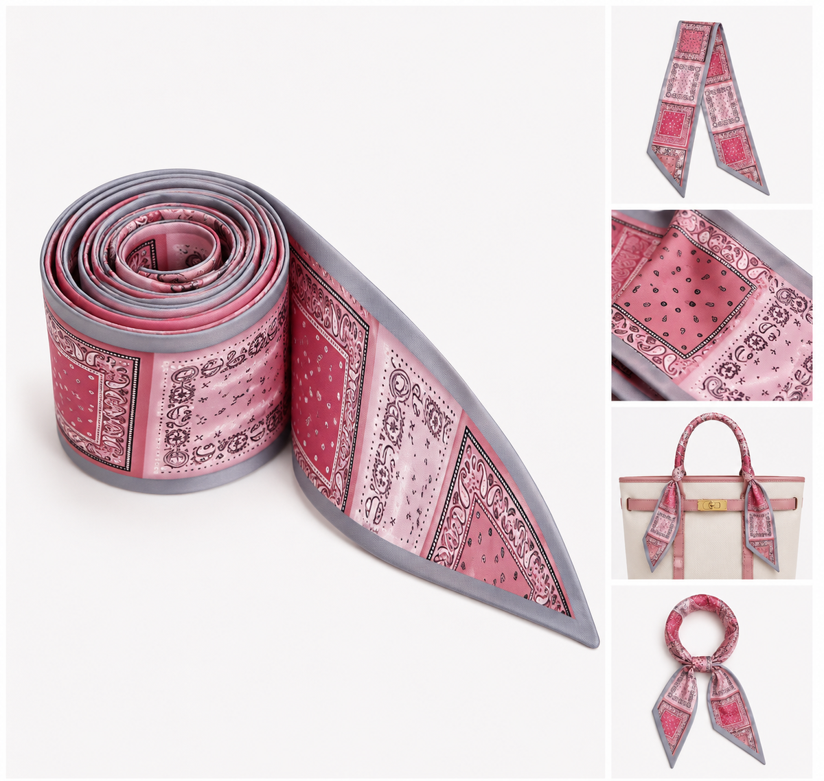 A pink and gray patterned silk scarf shown rolled and unrolled on a light gray background, with four smaller inset images on the right showing the scarf styled in different ways and a close-up of the printed pattern.