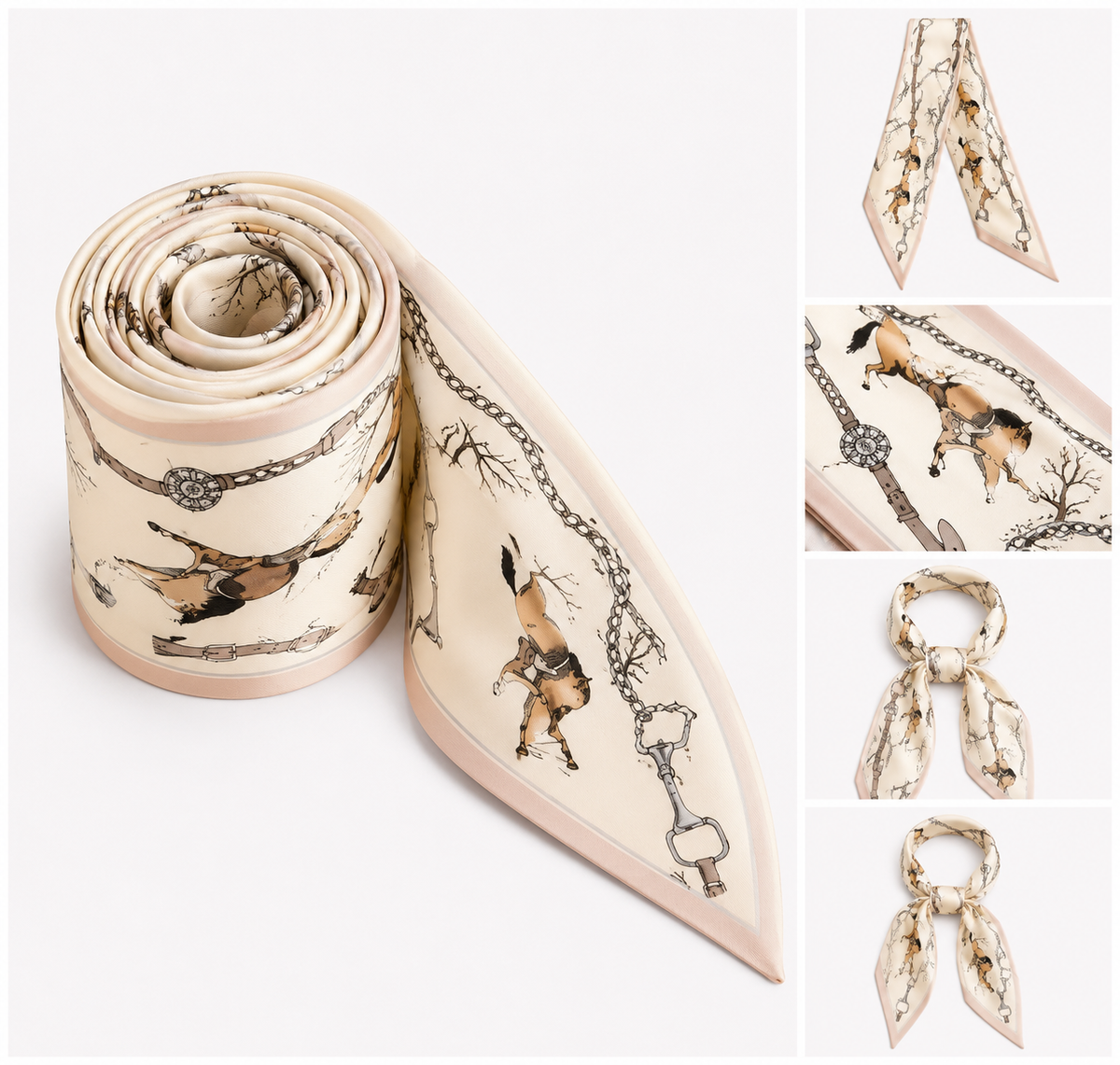 A rolled and flat view of a square scarf with a beige and cream background, featuring a printed design of a horse, chains, and branches. The right side shows four smaller detail panels of the scarf styled in different knot configurations.