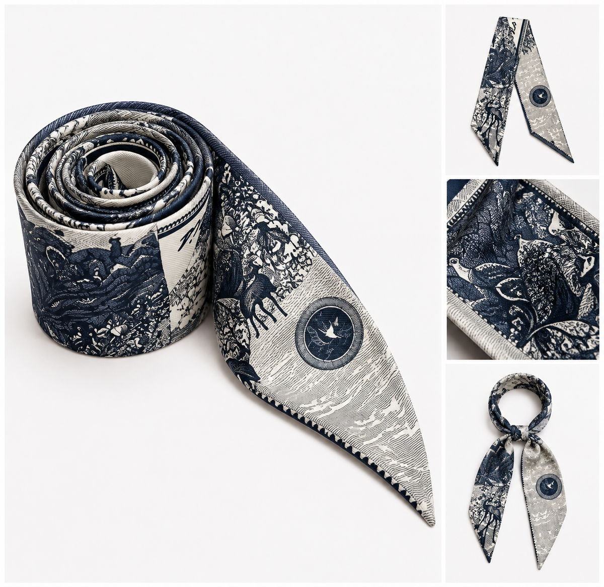 A rolled and tied necktie with a detailed navy blue and gray toile-style landscape print, shown alongside close-up detail panels on a clean white background.