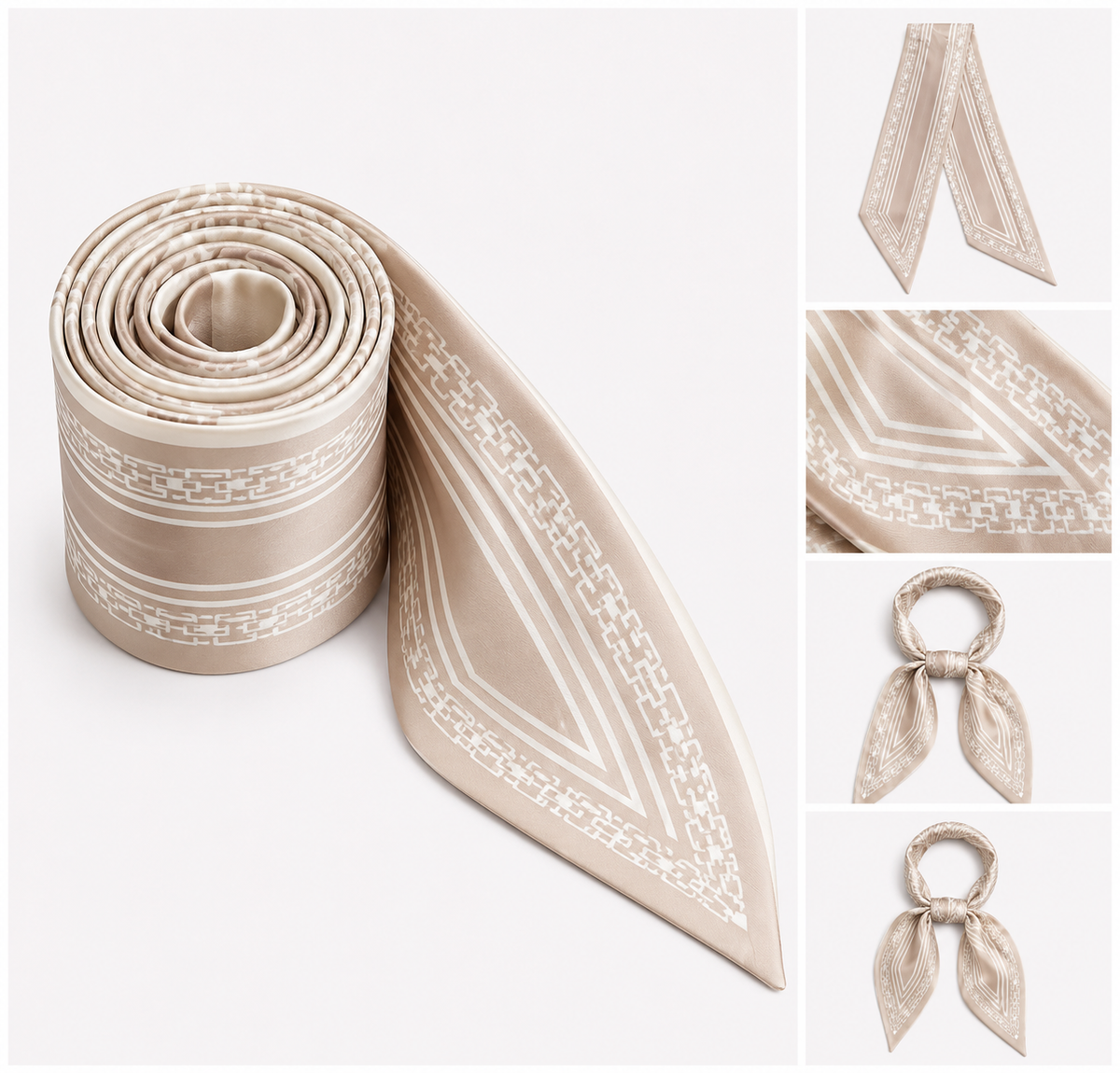 A beige silk scarf with a white geometric pattern, shown rolled up and laid out diagonally, with three smaller inset images on the right showing close-ups of the fabric texture, corner detail, and styled knot configurations.