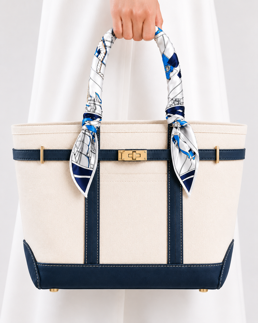A structured tote bag with cream canvas panels and navy leather trim, featuring a matching navy and white patterned scarf tied to the top handles, held by a person in a white dress.