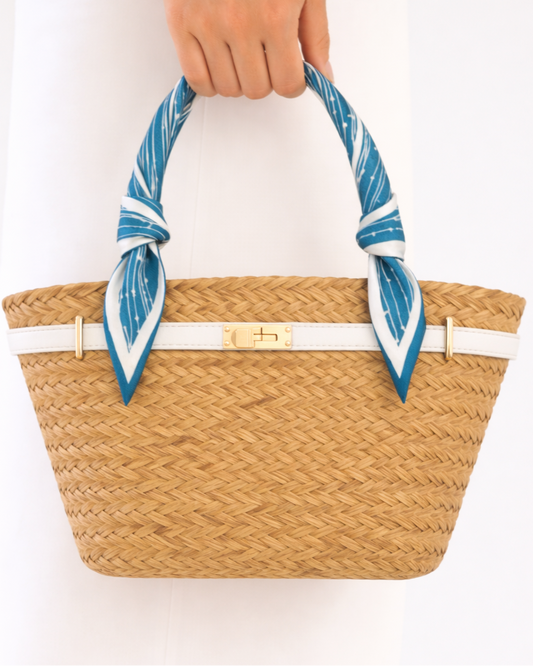 Woven straw boatkin beach tote basket with blue and white twilly  scarf 