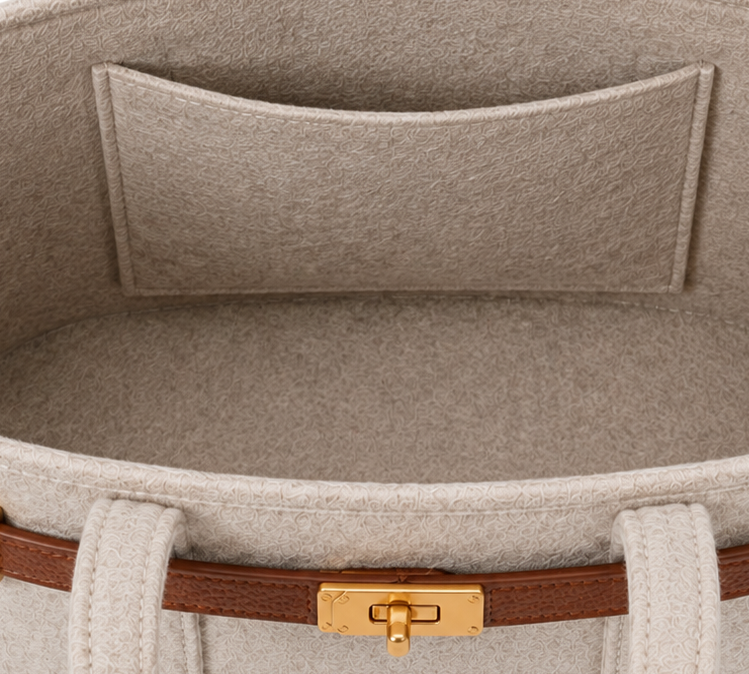 A structured felt tote bag in a light taupe-beige color, featuring a brown leather strap with gold-tone hardware and a matching interior pocket.
