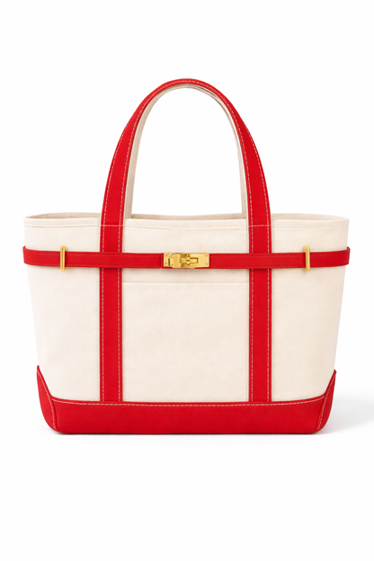 Red and white boatkin tote bag on a white background