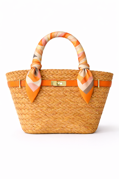 The French Straw Twilly Boatkin Tote - Iconic Orange
