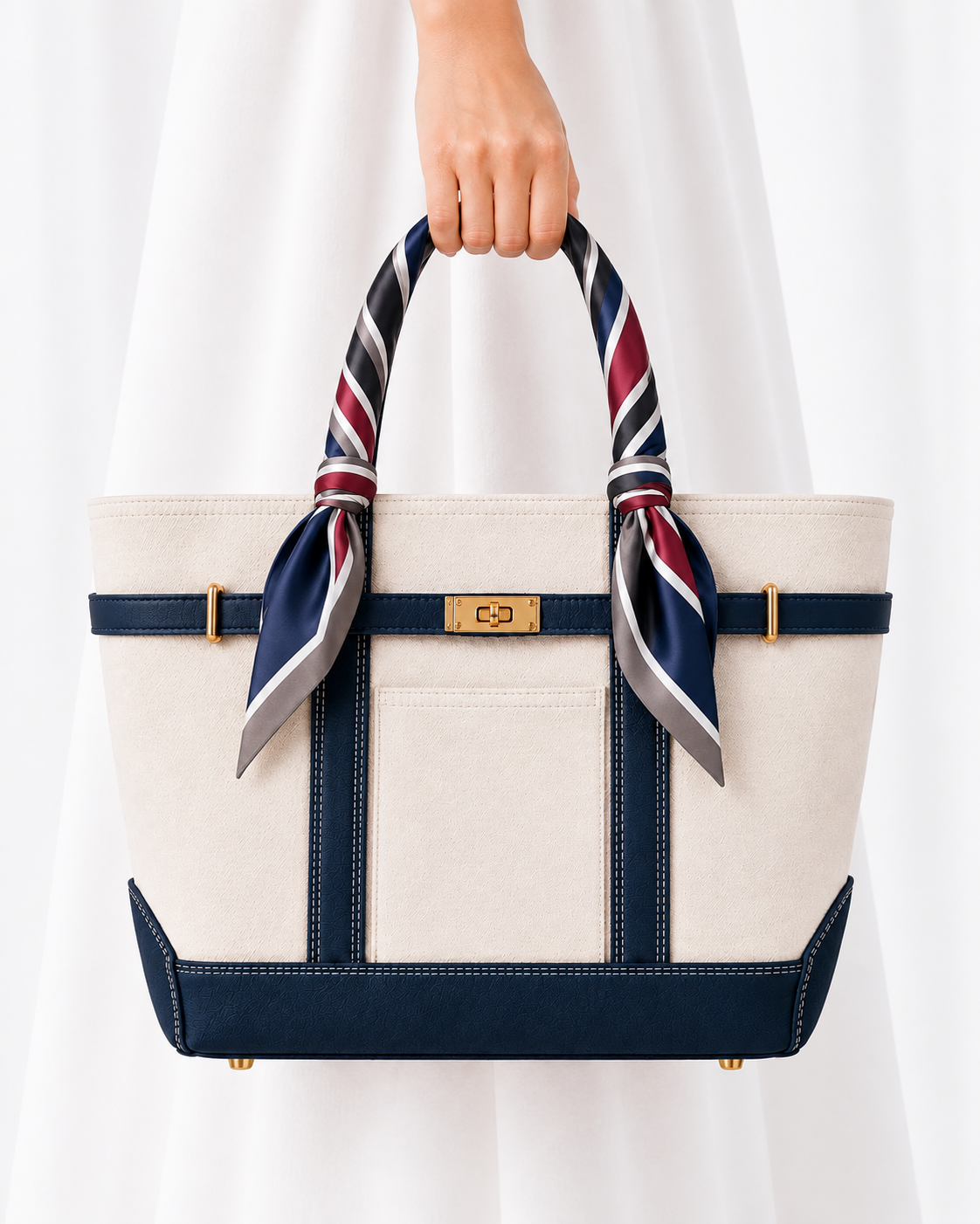A structured tote bag with a cream canvas body, navy blue trim, and a striped scarf tied to each handle. A hand is holding the top handle, and the bag is set against a soft white draped background. boat tote navy lux boatkin 