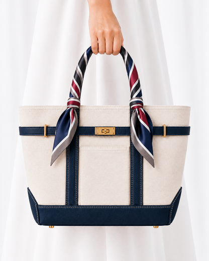 A structured tote bag with a cream canvas body, navy blue trim, and a striped scarf tied to each handle. A hand is holding the top handle, and the bag is set against a soft white draped background. boat tote navy lux boatkin 