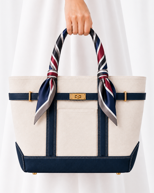 A structured tote bag with a cream canvas body, navy blue trim, and a striped scarf tied to each handle. A hand is holding the top handle, and the bag is set against a soft white draped background. boat tote navy lux boatkin 